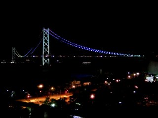 Romantic night view of the lit-up Great Akashi Strait Bridge