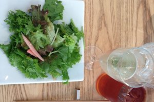 Fresh salad with sparkling wine and iced rooibos tea.