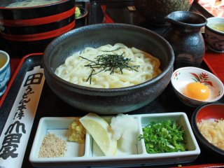 Kama-Bukkake Udon; Freshly boiled udon noodles; pour sauce on it before eating