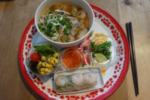 The pho noodle and spring roll lunch plate