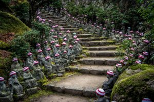 Buddha lined steps at Daisho-in Temple