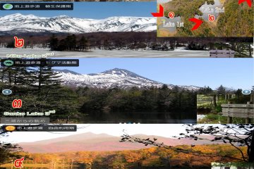 <p>ทัศนียภาพในป่าอุทยานฌิเระโทะโคะ และทะเลสาบทั้งห้าทะเลในสี่ฤดูกาล (ฤดูหนาว ฤดูใบไม้ผลิ ฤดูร้อน ฤดูใบไม้เปลี่ยนสี) ในฤดูที่มีหิมะปกคุลมจะหาชมได้ค่อนข้างยากมากเพราะป่าปิด</p>