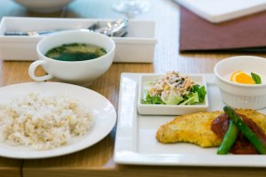 Pork &amp; cheese cutlets, 5 grain rice, seaweed soup and root vegetable salad