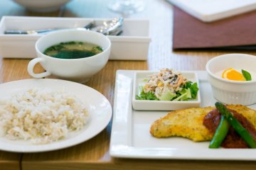 <p>Pork &amp; cheese cutlets, 5 grain rice, seaweed soup and root vegetable salad</p>