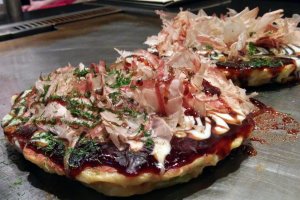 Closeup of the mixed okonomiyaki.&nbsp;