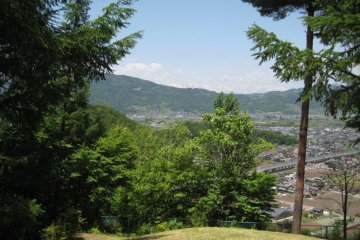<p>View west toward the Japan Alps. Part of the shinkansen&nbsp;line can be seen between the trees.</p>