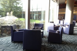 The hotel lobby is arranged in a casual style, with a clear glass wall that looks out to the circular central garden.