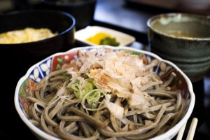 Cold oroshi soba served with a side dish of katsu don and miso soup