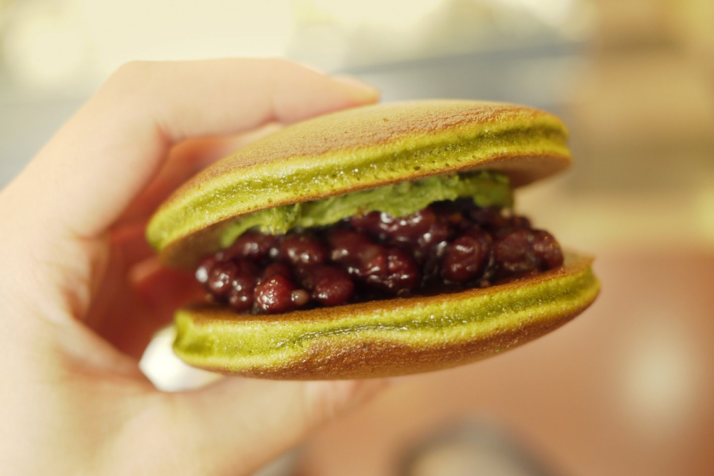 The traditional Dorayaki cake, reinvented with green tea paste to suit occidental tastes. 
