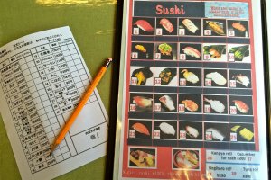 Sushi is very simple to order. Refer to the number on the picture menu and the number on the blank order sheet available at each table.