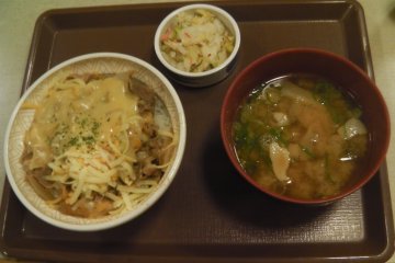 <p>Gyudon with cheese, with a bowl of miso soup</p>