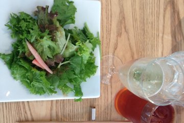 <p>Fresh salad with sparkling wine and iced rooibos tea.</p>