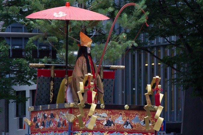 Urade-Yama (占出山) During the Yamaboko Junko (山鉾巡行) in Kyoto, 2012! This float portrays a famous story of when Empress Jingu, a legendary rather than historical heroine of Japan, went fishing for Ayu (sweet fish) when she was in Hizen (present day Saga prefecture in northern Kyushu) in order to cast a horoscope about the victory or defeat of the Imperial campaign