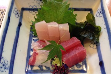 <p>Assorted sashimi elegantly presented on a traditional plate.</p>
