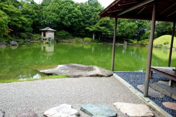 <p>Stepping stones, cobble stone, and a silent pond in deep green surroundings</p>