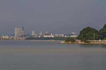 <p>View from the second-story cafe across Imazu Bay to Fukuoka Tower</p>