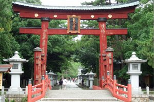 気比神宮の大鳥居。日本で３番目に高い木造鳥居で、国の重要文化財に指定されている
