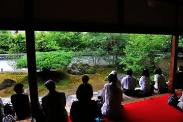 สวนของวัดมีชื่อว่า สวนแห่งต้นสาละ ดอกสาละที่มีชีวิตสั้นๆ ถูกกล่าวถึงในวรรณกรรมเก่าแก่ที่มีชื่อเสียงของญี่ปุ่น 'เรื่องของเฮเกะ' ไว้ว่า "เสียงระฆังของกิออน โชะจะ สะท้อนให้เห็นถึงความไม่แน่นอนของทุกสรรพสิ่ง สีสันของดอกสาละบ่งชี้ให้เห็นว่าความเจริญรุ่งเรืองย่อมมีเสื่อมถอย"