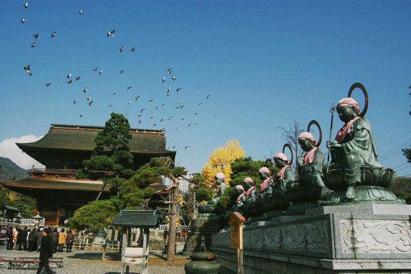 Selamat datang di kuil Zenko-ji. Salah satu kuil tercantik di Jepang. Kedatangan Anda akan disambut oleh Rokujizō (6 Bodhisattvas), burung-burung yang berterbangan, dan Sanmon Gate.