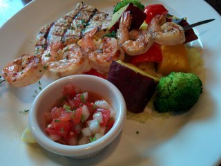 Grilled swordfish and grilled shrimp brochette combo