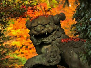 Imposing statue of guardian dog with fiery-red autumn leaves in the background