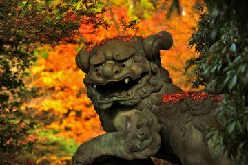 <p>Imposing statue of guardian dog with fiery-red autumn leaves in the background</p>