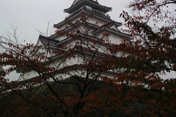 <p>The castle on a rainy day, obscured by red leaves</p>