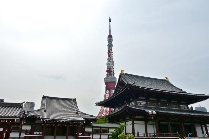 The temple sits at the feet of the Tokyo Tower.