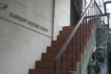 <p>The stairs that lead to Factory Elephant Caf&eacute; in Kyoto</p>