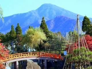 Khu vườn này tận dụng 'khung cảnh vay mượn' ( một truyền thống của những khu vườn Nhật Bản đẹp và đúng cách ) từ núi Hino ở đằng sau