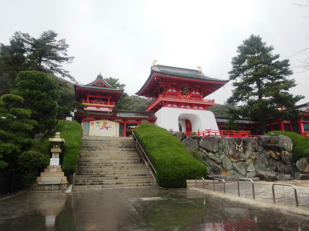 Akama Shrine, sitting on a hill along the water in Shimonoseki