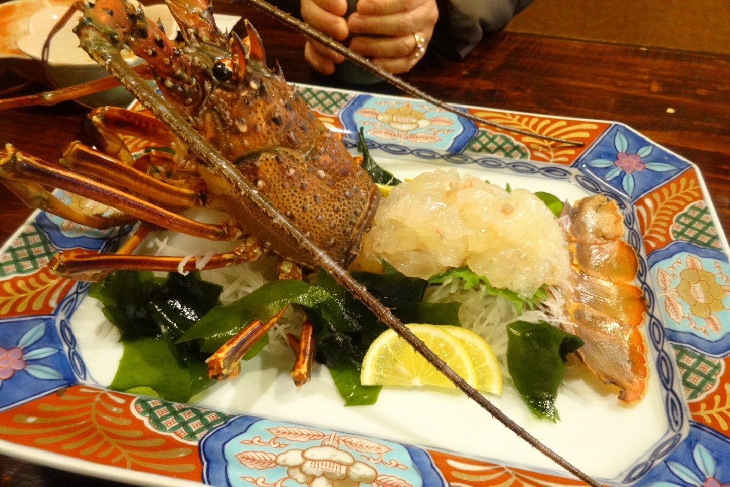 Spiny lobster sashimi is the first dish in one of Uoichi's special kaiseki courses