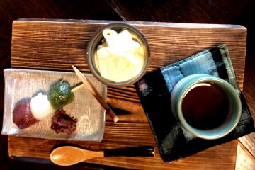 Delicious home made rice cake dumplings with ice cream and locally harvested kuromame or black bean tea
