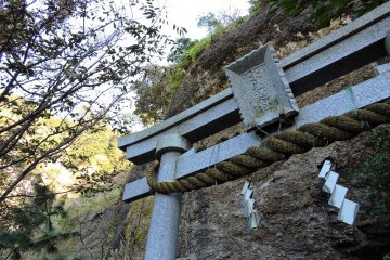 <p>Torii gate of Daffodil Shrine at the foot of the rocky hill</p>