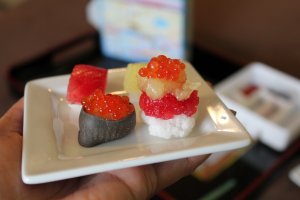 Voila! The end result from making the Popin&#39; Cookin&nbsp;sushi candy kit.