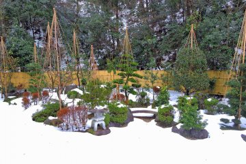 <p>Japanese garden in snow viewed from the prayer hall</p>