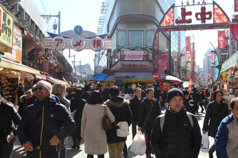 <p>Just a few minutes from Ueno&nbsp;or Okachimachi&nbsp;station. You will see the big signs above the streets.</p>
