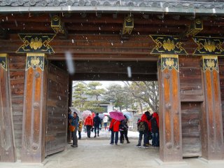Visitors at the main entrance embrace the snowfall by holding umbrellas