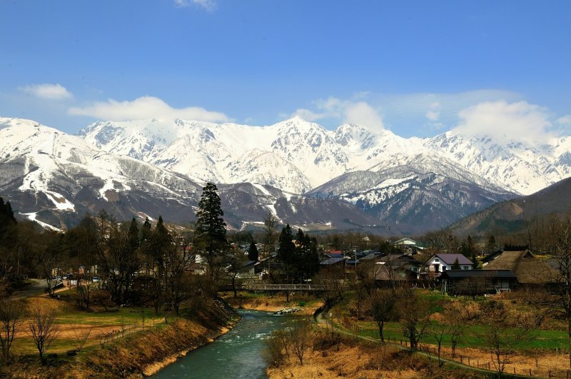 <p>Three Hakuba mountains seen from Oide Park. I expected to see the cherry blossoms along the river in full bloom but I was too early.</p>