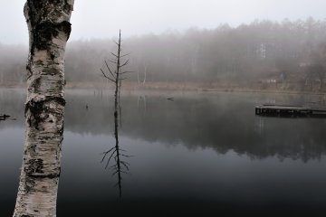 ทะเลสาบเมะกะมิปกคลุมไปด้วยหมอกยามเช้า อากาศยามเช้าตรู่นี้หนาวเยือกเย็นมาก 
