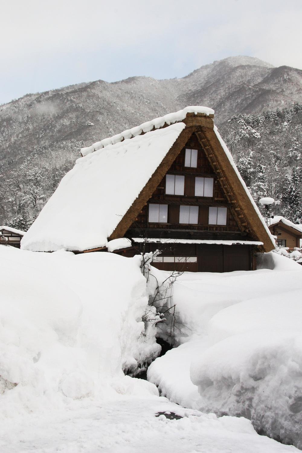 &#39;갓쇼즈쿠리&#39;라고 알려진 전통 가옥 모양을 그대로 갖고 있는 시라카와고. 이 전통 가옥의 건축과 디자인은 겨울 내내 겪는 폭설에 잘 견딜 수 있게끔 설계되어 있다.