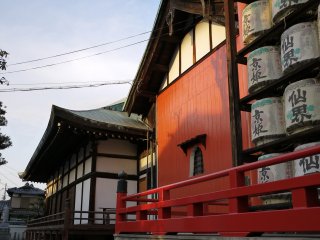 Barrels of donated sake on display (Fushimi is famous for sake production)