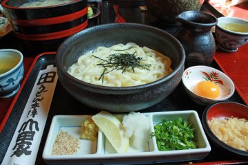 <p>Kama-Bukkake Udon; Freshly boiled udon noodles; pour sauce on it before eating</p>