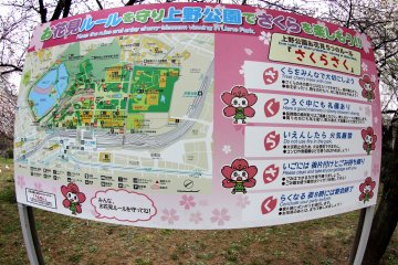 Вывеска перед одним из входов в парк, на ней изображена карта парка и места, которые вы можете посетить в парке в сезон сакуры.
