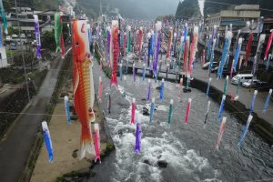 Carp streamers above the river in Tsuetate Onsen