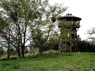 A small wooden tower stands at the top of the path