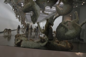 <p>The wolves hitting the glass wall, part of the &#39;There And Back Again&#39; exhibition by Chinese artist,&nbsp;Cai Guo-Qiang</p>