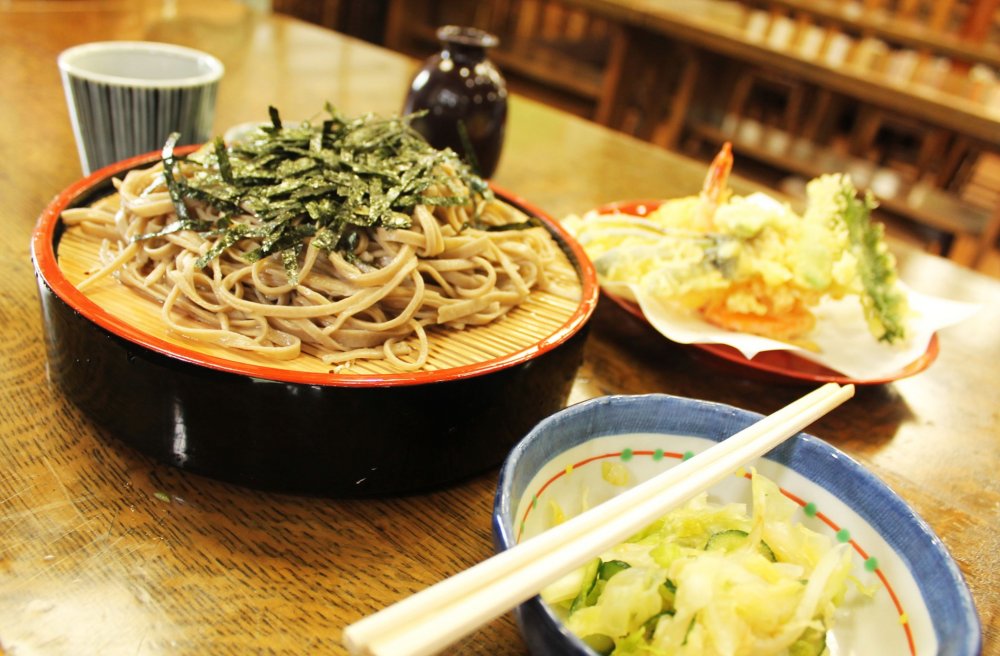 Delicious, lovingly made soba with pickled cabage, tempura, and dipping miso sauce