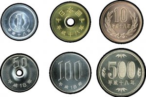 Japanese yen coins (clockwise from top left): 1 yen, 5 yen, 10 yen, 500 yen, 100 yen, 50 yen