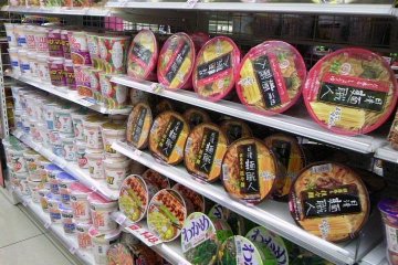 Instant noodles can be found in various flavors and sizes at konbinis and grocery stores all throughout Japan